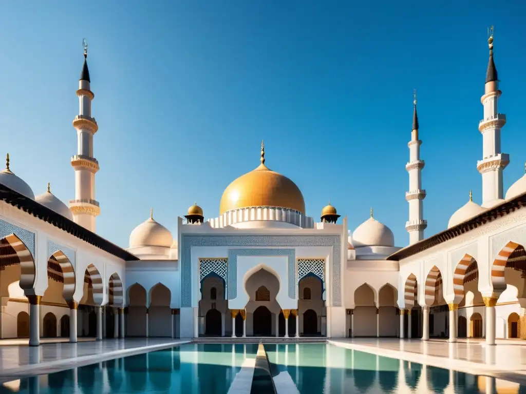 Mezquita histórica de diseño simple con patrones geométricos en las paredes y un tranquilo patio con fuente, bañada por la cálida luz del sol