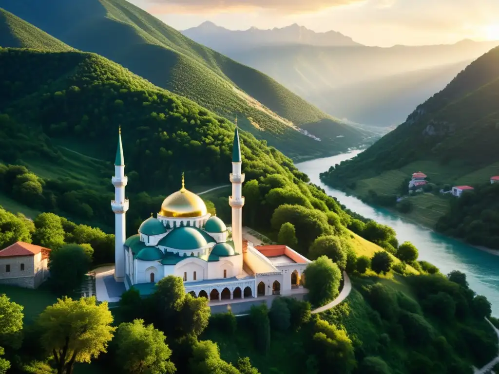 Una mezquita impresionante entre montañas verdes en los Balcanes al atardecer, reflejando la coexistencia musulmana en Europa del Este