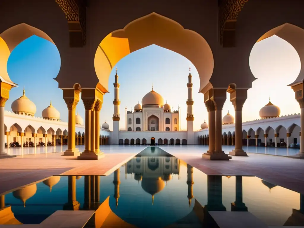 Una mezquita con impresionantes detalles arquitectónicos y una atmósfera serena, que evoca la esencia de las festividades islámicas tradicionales