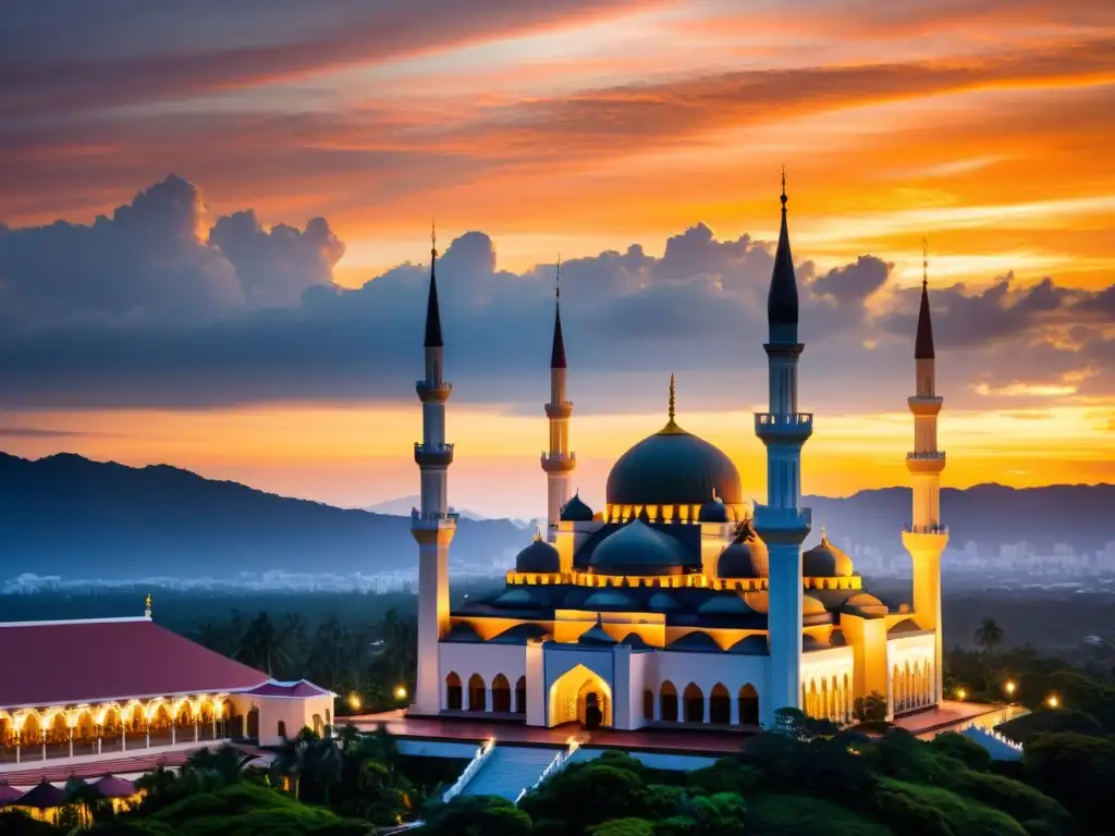 Una mezquita con intrincados diseños y altos minaretes contra un vibrante cielo al atardecer, resaltando la presencia islámica en Indonesia y Malasia