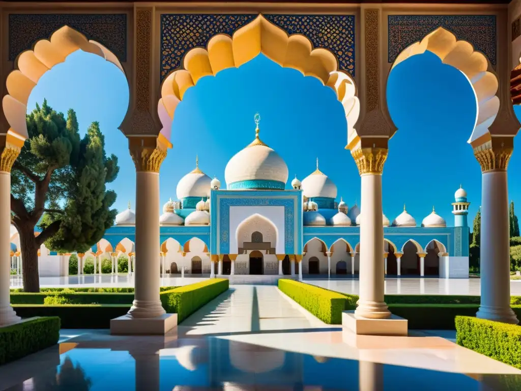 Una mezquita magnífica y detallada, bañada por la luz del sol, rodeada de naturaleza exuberante