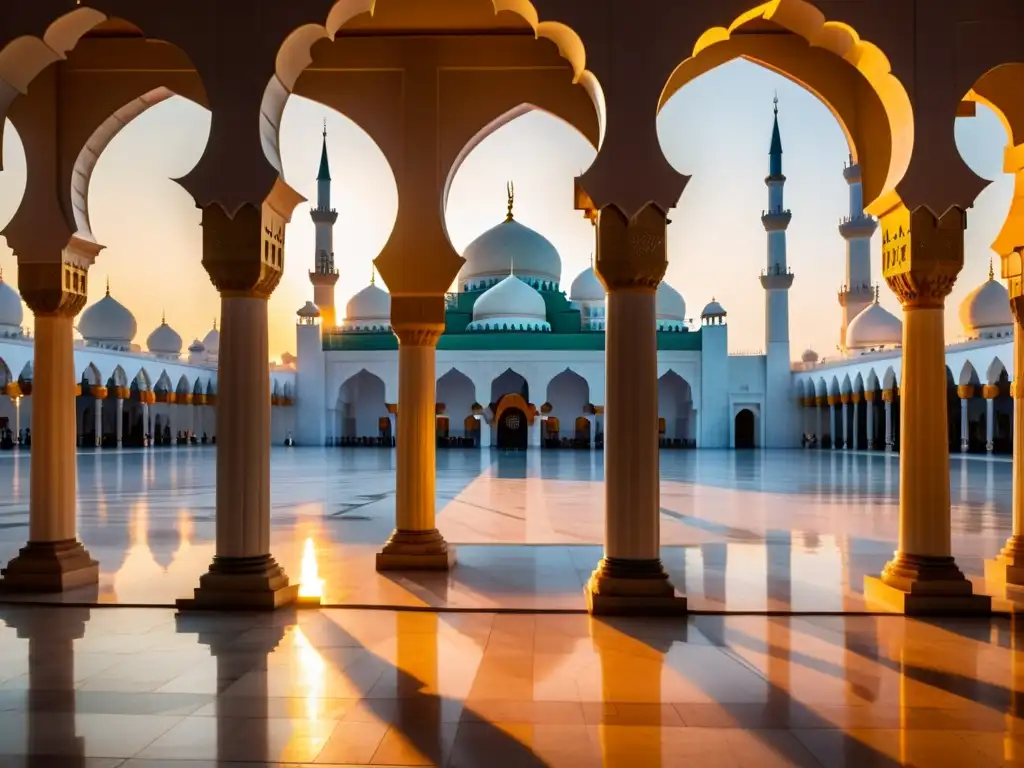 Mezquita majestuosa al atardecer con arte islámico en las paredes, creando una atmósfera serena y espiritual de devoción y unidad