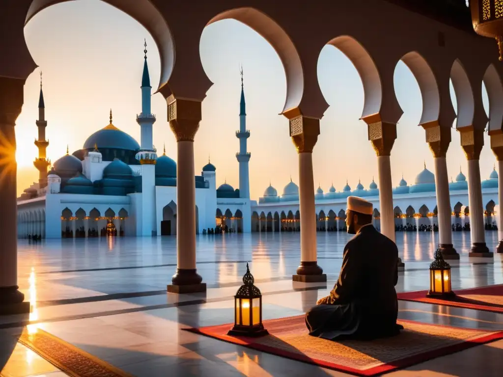 Una mezquita majestuosa con caligrafía islámica adornando las paredes, bañada por la cálida luz del atardecer