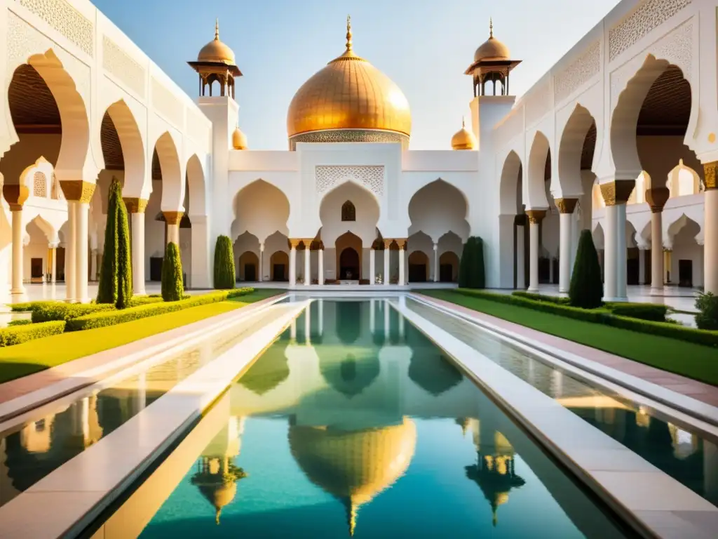 Una mezquita majestuosa con cúpula grandiosa y altos minaretes, rodeada de exuberantes jardines y un sereno estanque