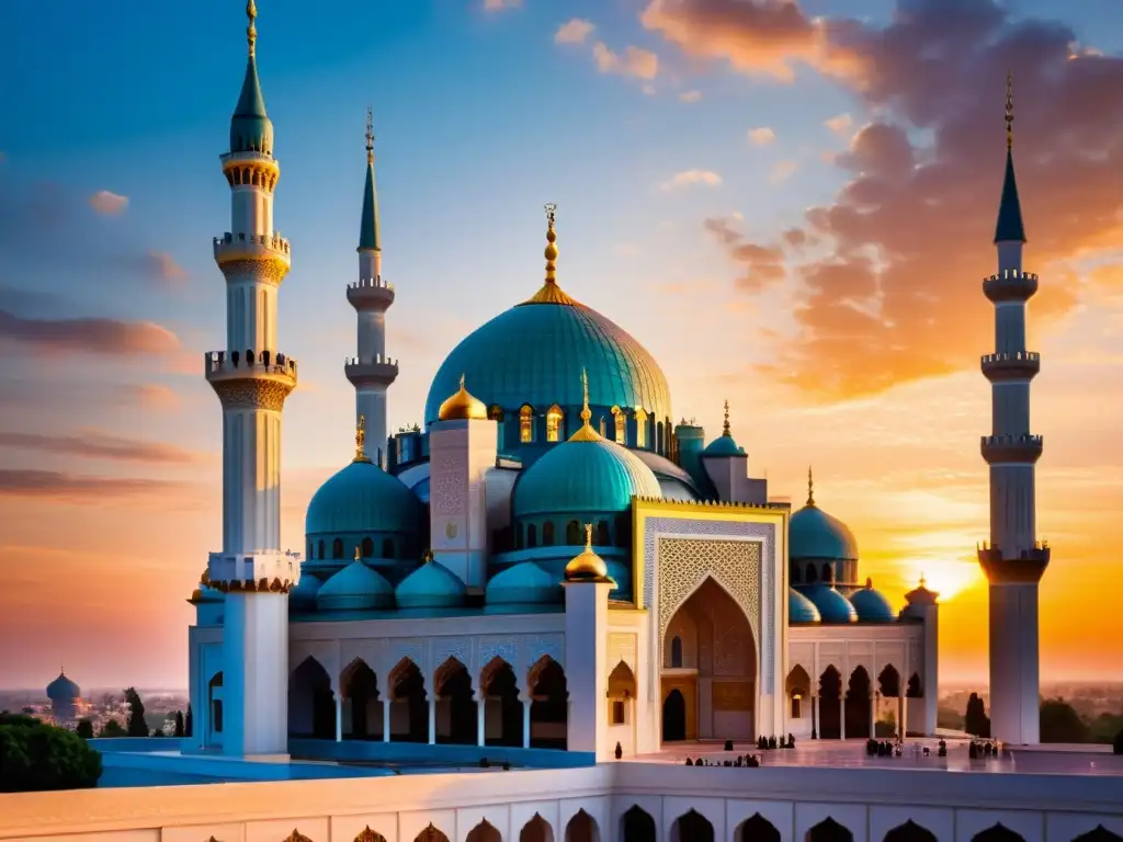 Mezquita majestuosa con diseños geométricos, minaretes imponentes y cúpula resplandeciente, en un vibrante atardecer