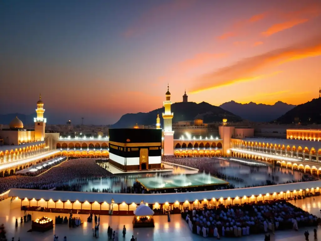 La Mezquita Masjid al-Haram en La Meca al atardecer, con la luz dorada del sol iluminando la Kaaba y peregrinos