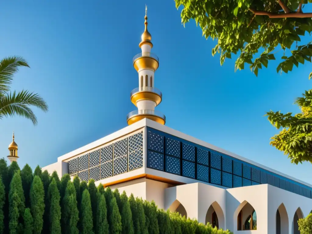 Mezquita moderna con adaptaciones arquitectura mezquitas clima, diseño innovador, y paneles solares integrados, bajo un cielo azul brillante