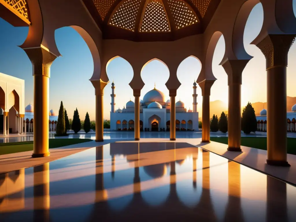 Una mezquita moderna de alta tecnología bañada por la cálida luz del atardecer, fusionando la tecnología y la ética islámica