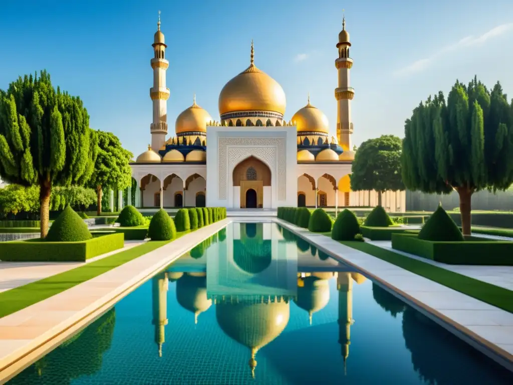 Una mezquita moderna con arquitectura geométrica rodeada de jardines verdes y piscinas reflectantes, bañada por la cálida luz del sol