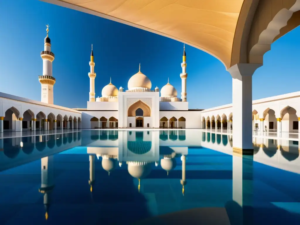 Una mezquita moderna con diseño innovador y reflejos de agua, evocando el significado espiritual del agua en mezquitas