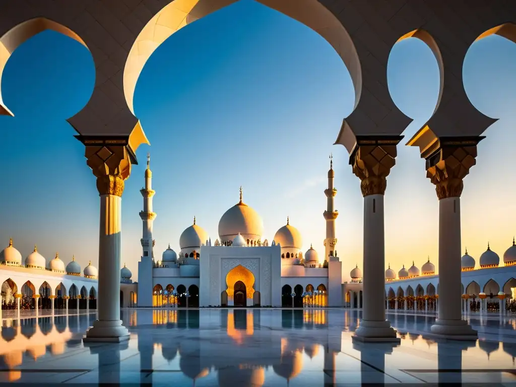 Una mezquita moderna e innovadora con una vista impresionante al atardecer, evocando lo sagrado