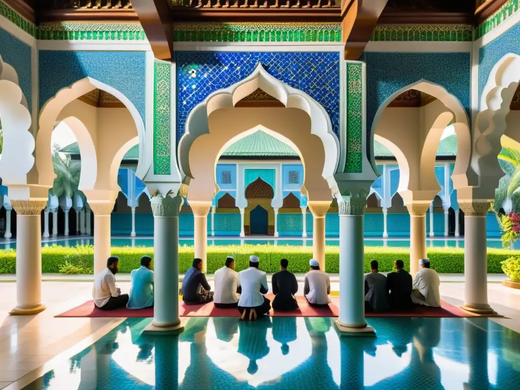 Una mezquita ornamental con azulejos azules y verdes, rodeada de exuberante vegetación