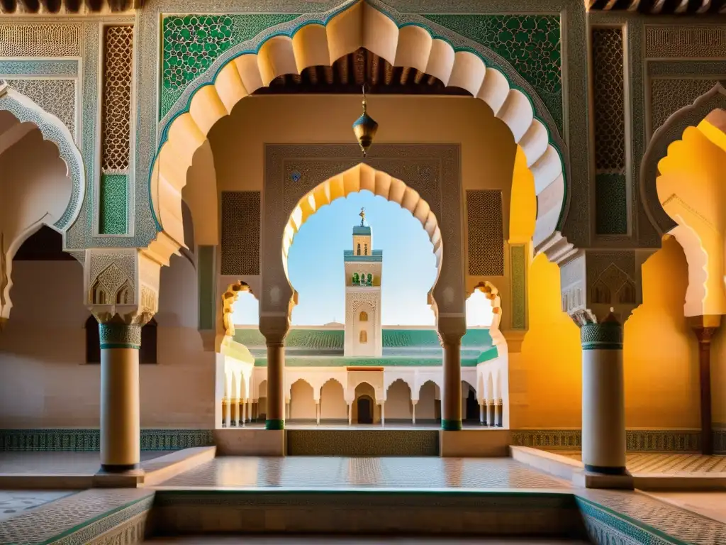 Mezquita en Fez, Marruecos, con patrones geométricos, arcos ornamentados y minarete