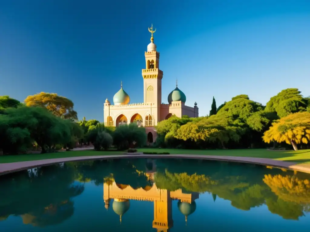 Una mezquita serena y elegante rodeada de exuberante vegetación en Argentina, reflejando la presencia islámica en Argentina