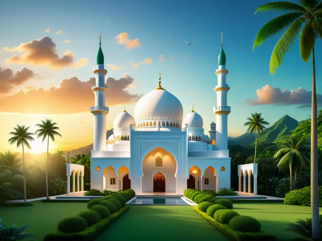 Mezquita serena en paisaje caribeño Una mezquita serena se funde con el exuberante paisaje caribeño, reflejando el legado islámico en el Caribe