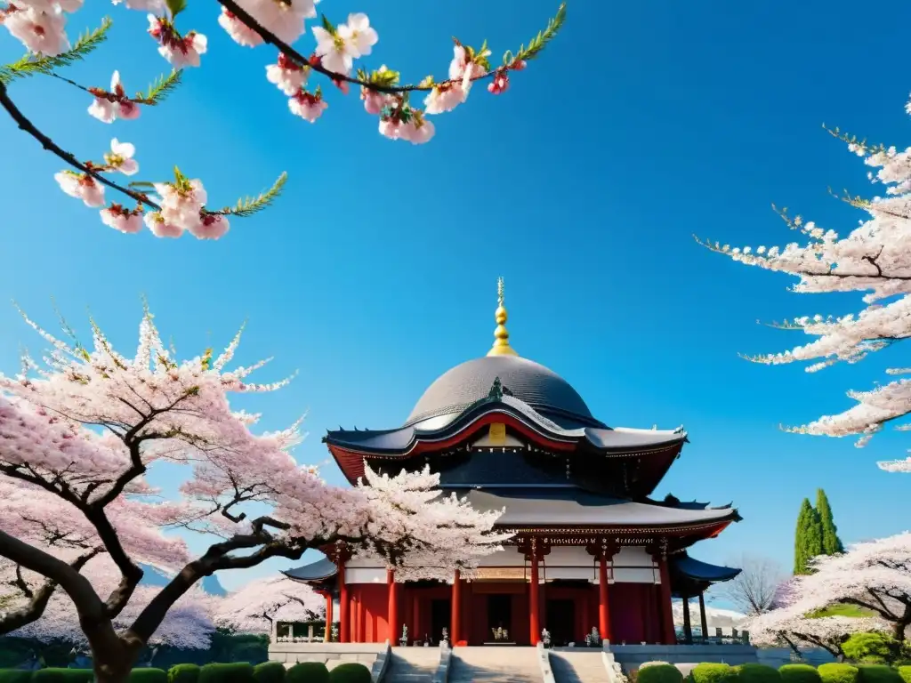 Una mezquita serena rodeada de cerezos en flor en Japón, reflejando las prácticas religiosas de la minoría musulmana