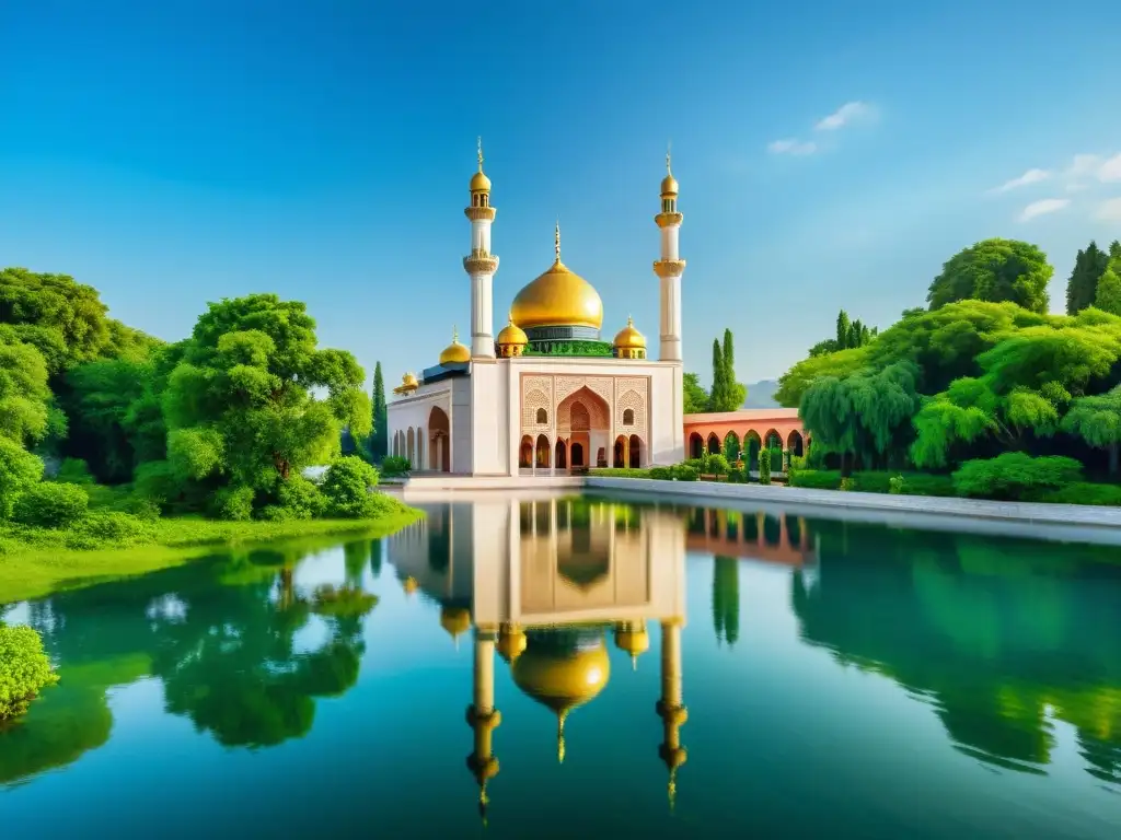 Mezquita serena rodeada de exuberante vegetación, reflejada en un lago, evocando la protección del medio ambiente en el Islam