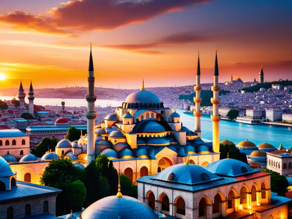 La mezquita Suleymaniye en Estambul durante un vibrante atardecer, capturando la influencia cultural de los Selyúcidas en el mundo islámico