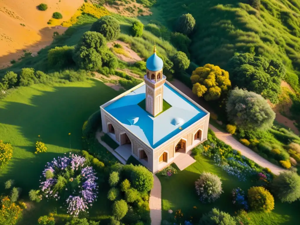 Una mezquita tradicional se alza en las estepas, rodeada de naturaleza exuberante y flores silvestres