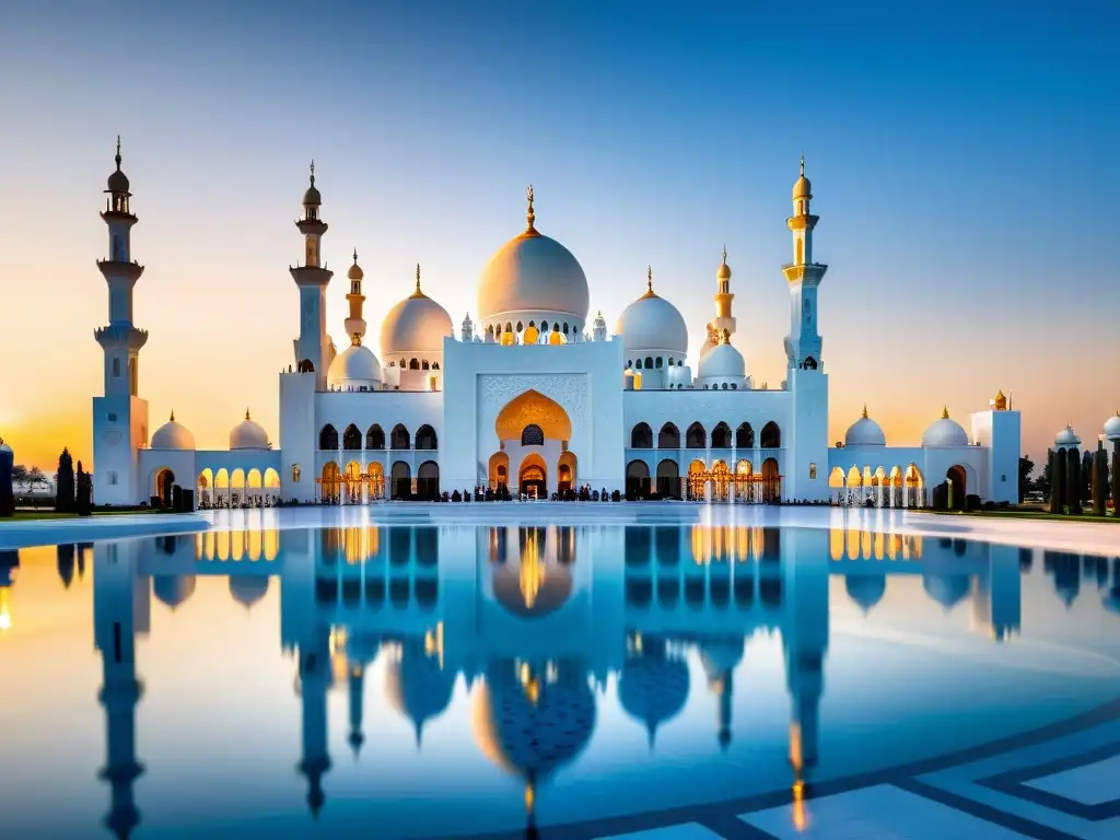 Mezquitas con arquitecturas impresionantes: Vista impresionante de la Gran Mezquita Sheikh Zayed en Abu Dhabi, con sus cúpulas blancas, arcos intrincados y piscinas reflectantes bajo un cielo vibrante al atardecer