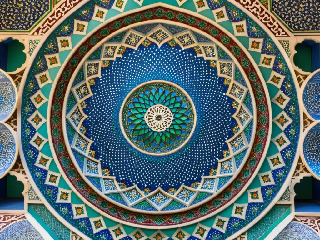 Ornamentación en mezquitas islámicas: Intrincado mosaico de patrones geométricos y motivos florales en azules, verdes y rojos, creando una atmósfera cautivadora