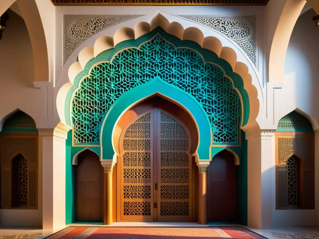 Mihrab histórico en mezquita, con patrones geométricos y colores vibrantes, evoca la evolución del mihrab en mezquitas con influencia andaluza