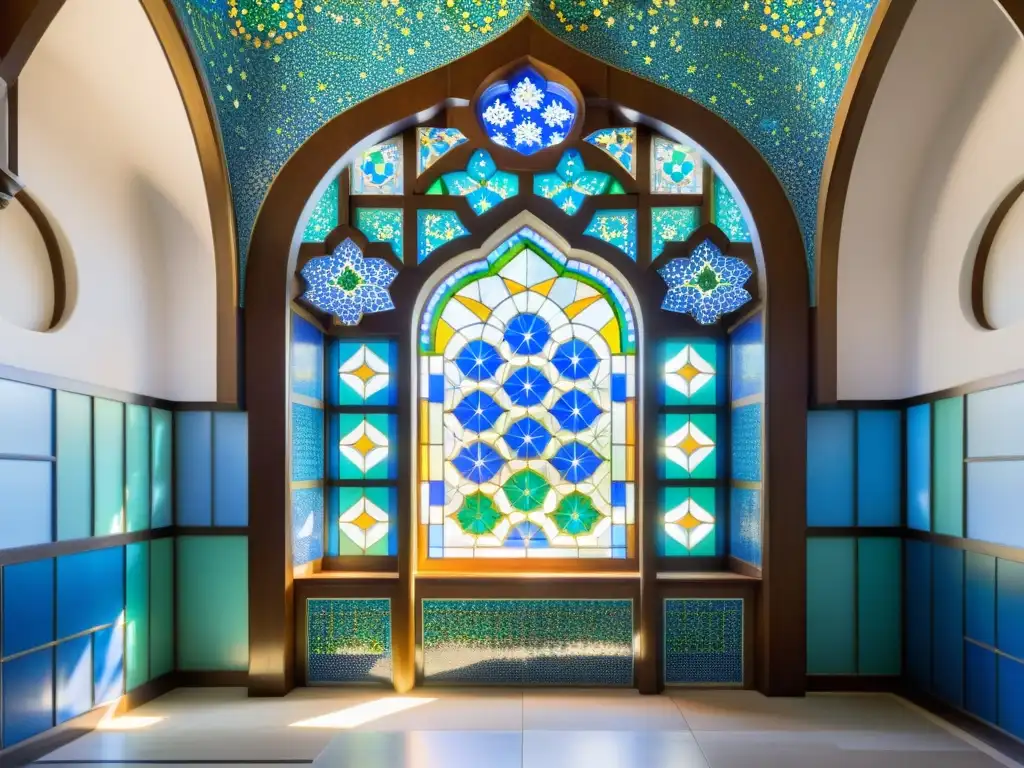 Un mihrab de mosaico en una mezquita japonesa, con patrones geométricos en tonos de azul, verde y blanco