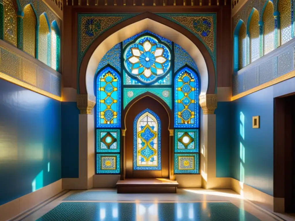 Un mihrab con mosaicos en una mezquita histórica: patrones geométricos en azul, verde y oro, bañados por luz cálida