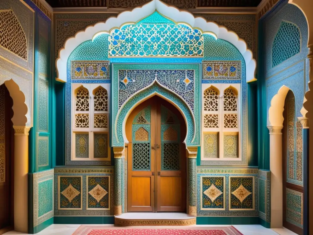 Un mihrab otomano bellamente decorado con patrones geométricos y caligrafía, rodeado de azulejos vibrantes