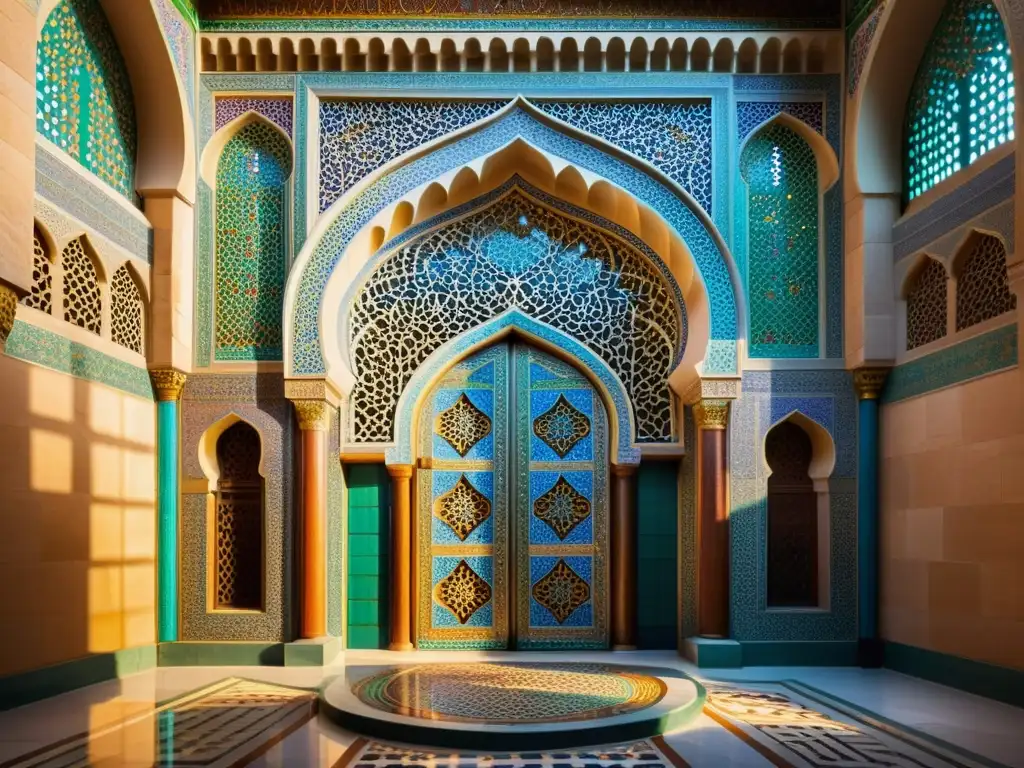 Un mihrab persa detallado, adornado con mosaicos coloridos, caligrafía ornamental y patrones geométricos