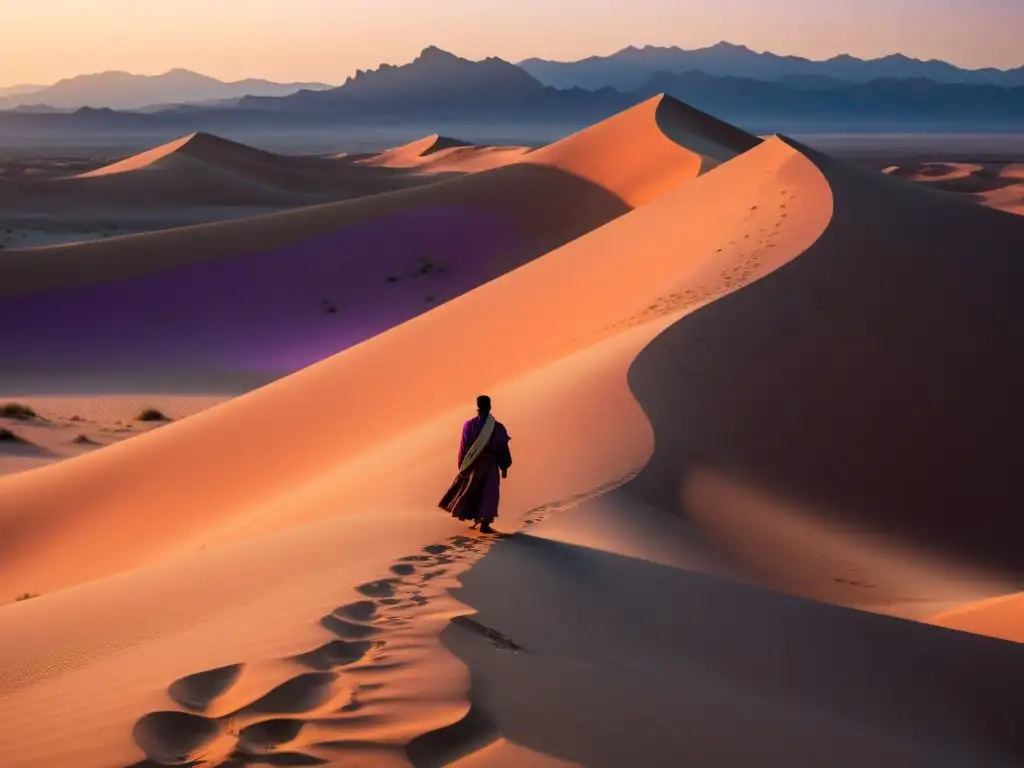 Poesía mística del sufismo egipcio: Desierto al atardecer, con un sol dorado y un solitario derviche perdido en contemplación