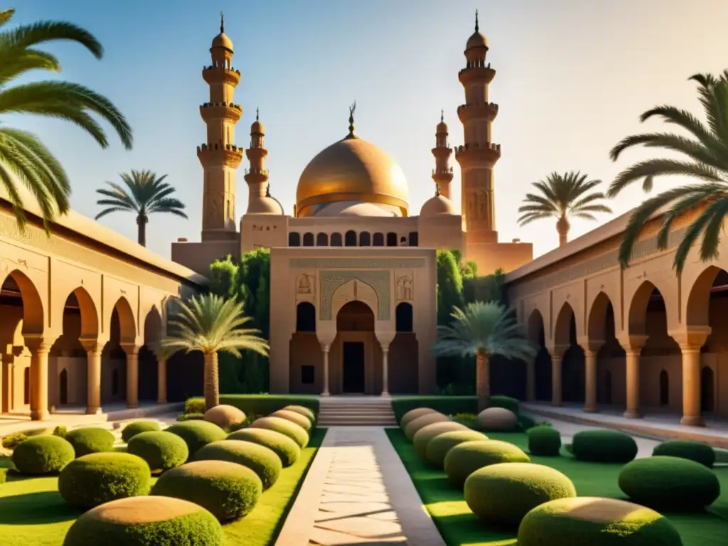 Poesía mística del sufismo egipcio: imagen de una antigua mezquita bañada en cálida luz dorada, con detalles arquitectónicos y exuberante vegetación