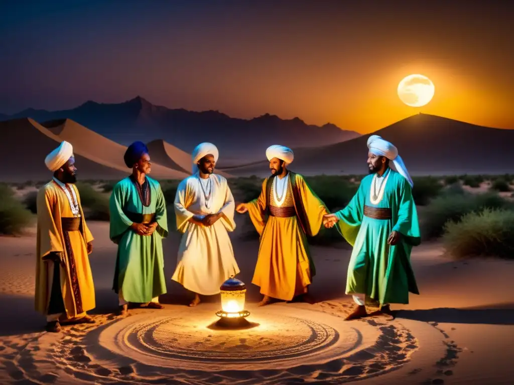 Misticismo africano sufí: grupo de místicos danzando bajo la luna en el desierto africano, envueltos en una atmósfera espiritual