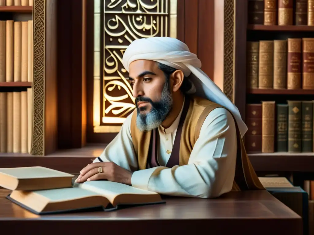 Misticismo de Ibn Arabi en filosofía islámica: Imagen detallada y serena de Ibn Arabi rodeado de libros, en profunda contemplación bajo la suave luz