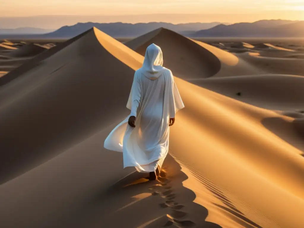 Un místico en el desierto al atardecer, en un momento de contemplación