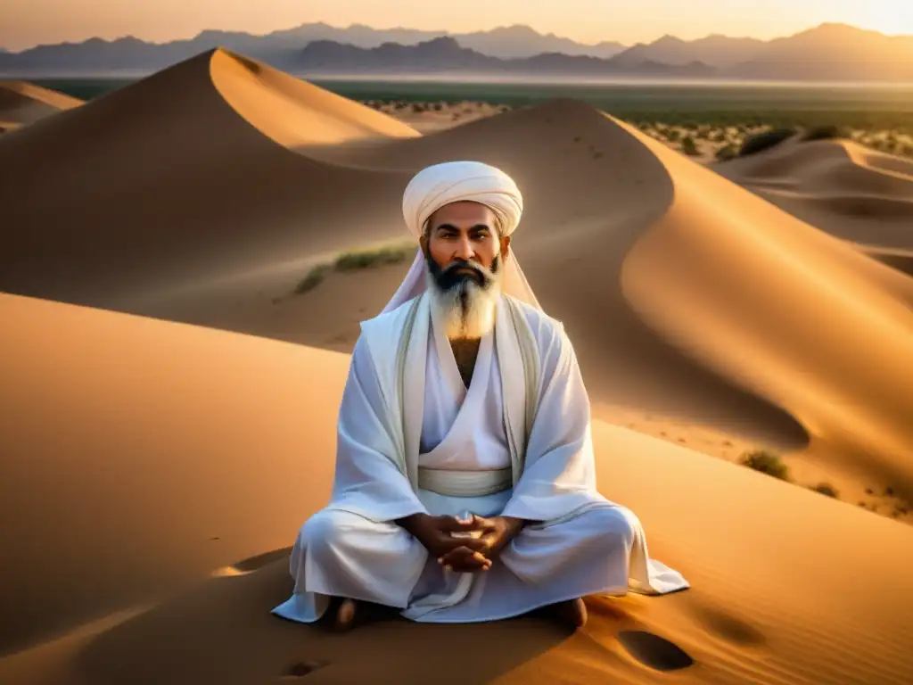 Un místico sufí meditando en el desierto al atardecer, transmite serenidad y conexión espiritual