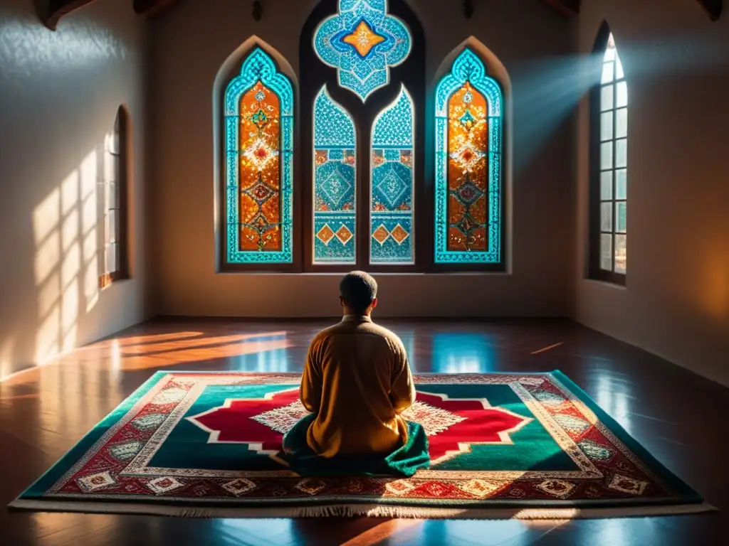 Un místico escenario con un tapete persa, un sufi en meditación y un ambiente sereno con incienso y luz de velas