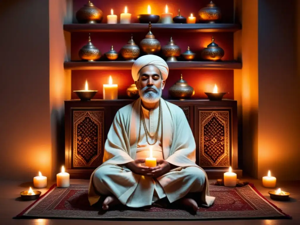 Un místico sufí medita en una habitación iluminada por velas e incienso, evocando la dimensión mística del Islam