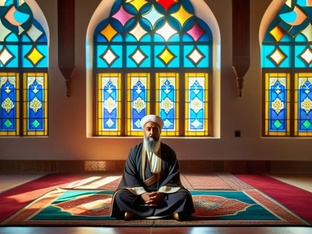 Un místico sufí meditando en una hermosa mezquita, evocando una experiencia divina a través de la literatura sufí