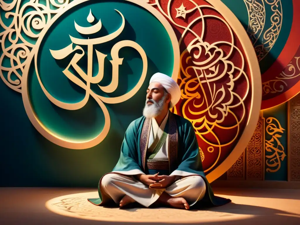 Un místico Sufi meditando entre patrones y caligrafía árabe, con una atmósfera de trascendencia y poesía simbolista del Islam