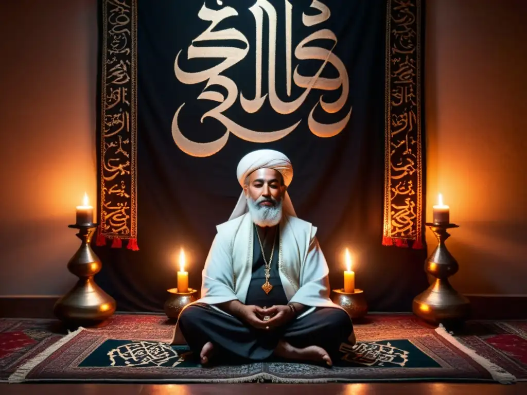 Un místico sufi en meditación, rodeado de alfombras persas y caligrafía árabe, emana paz y contemplación espiritual