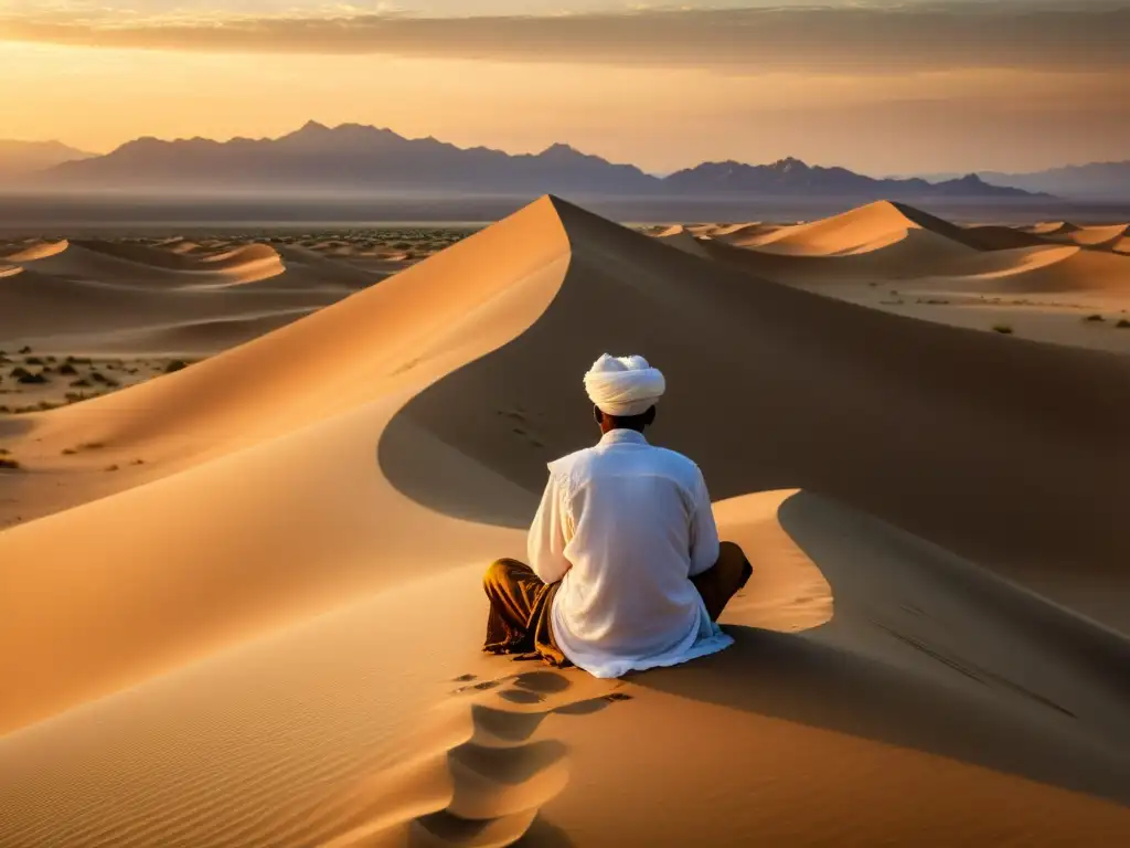 Un místico sufí solitario contempla el atardecer en el desierto, evocando la conexión espiritual con la naturaleza