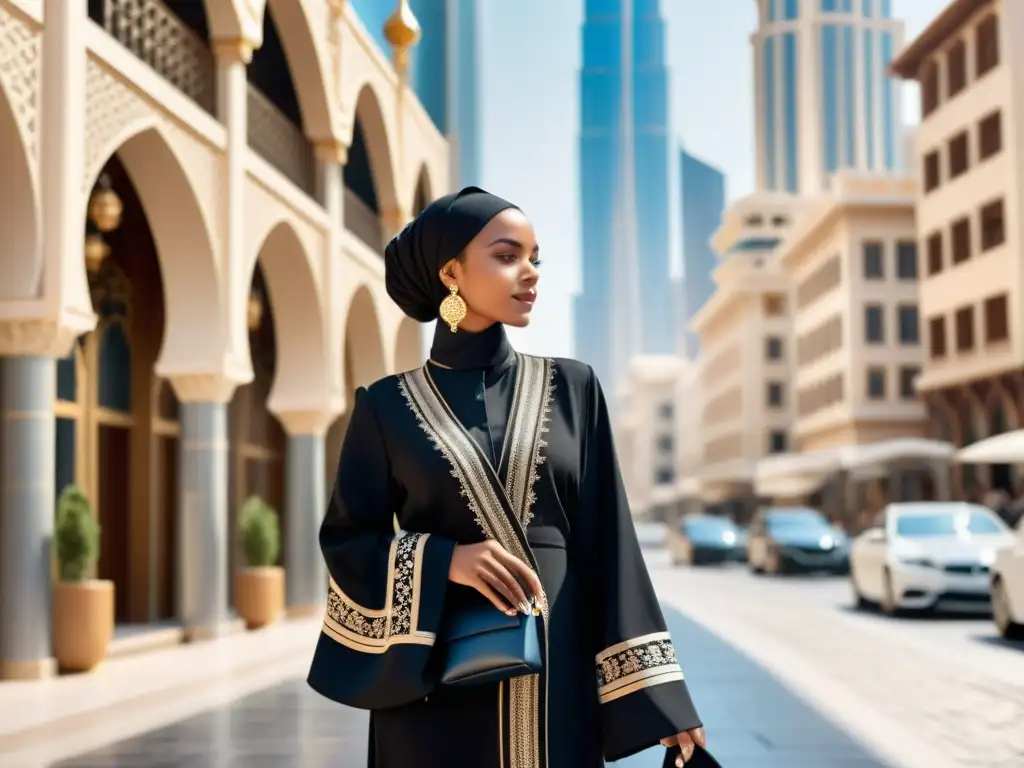 Moda en el mundo islámico: Mujer elegante con abaya pasea por la ciudad cosmopolita, fusionando moda y tradición