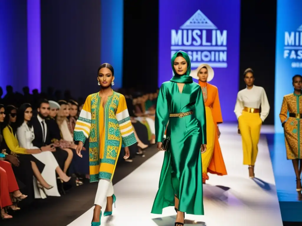 Moda musulmana en pasarelas internacionales: Desfile de modelos con diseños elegantes y modernos, representando la diversidad, empoderamiento y gracia