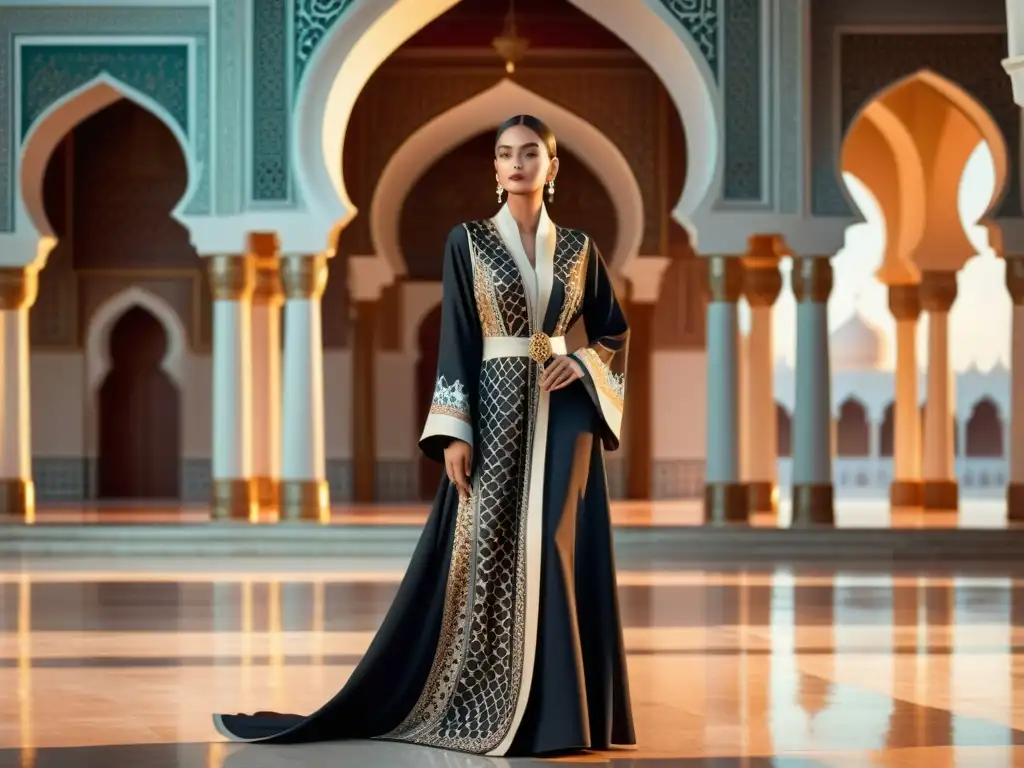 Una modelo lleva un abaya con diseños inspirados en arte islámico, frente a una mezquita histórica, fusionando moda y cultura islámica