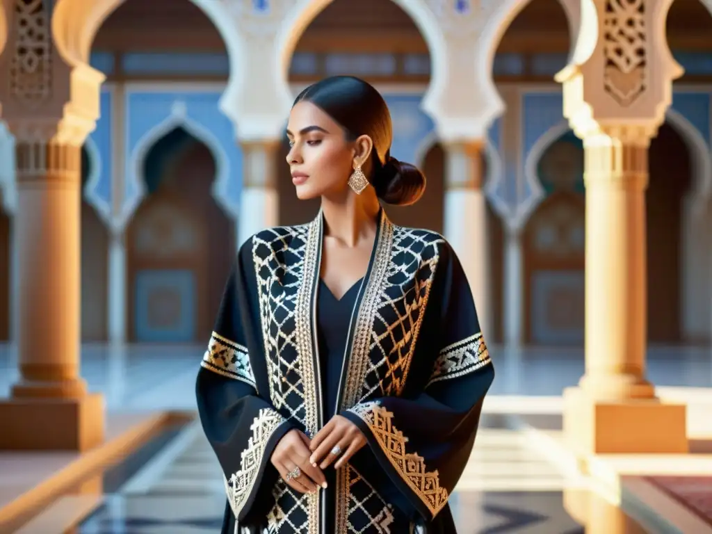 Una modelo luce una hermosa abaya con diseños inspirados en el arte islámico, en un patio con mosaicos, exudando elegancia y gracia