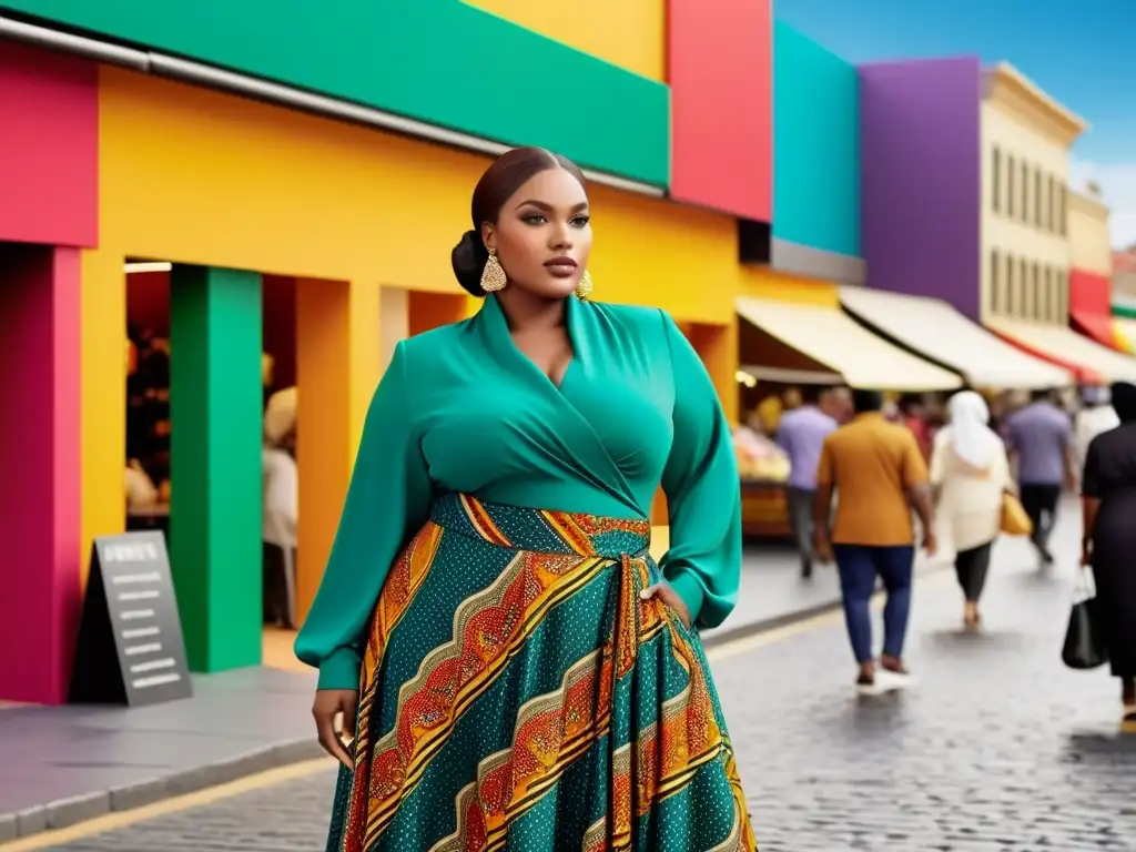 Una modelo plussize viste moda islámica inclusiva, destacando la diversidad en un bullicioso mercado de una ciudad vibrante