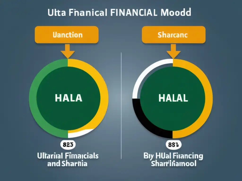 Dos modelos financieros detallados en 8k: el halal y el murabaha, representando principios éticos y financiamiento tradicional