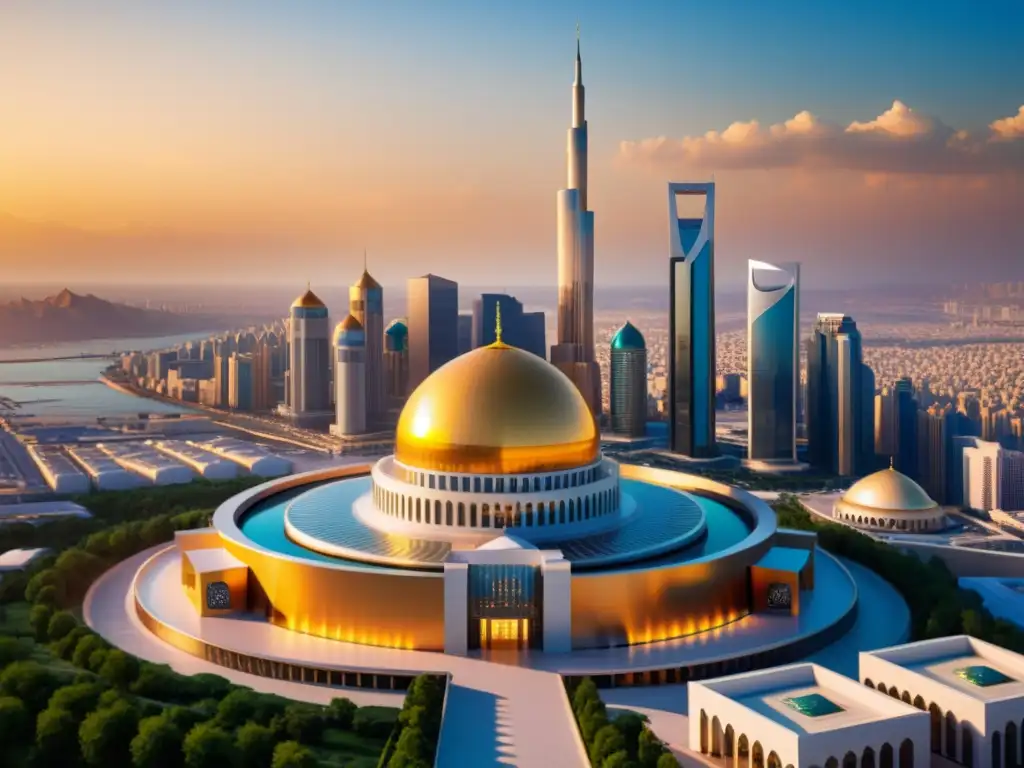 Centro financiero islámico: arquitectura futurista y principios halal Un moderno centro financiero islámico con criptomonedas Halal, irradiando innovación y prosperidad en la ciudad al atardecer