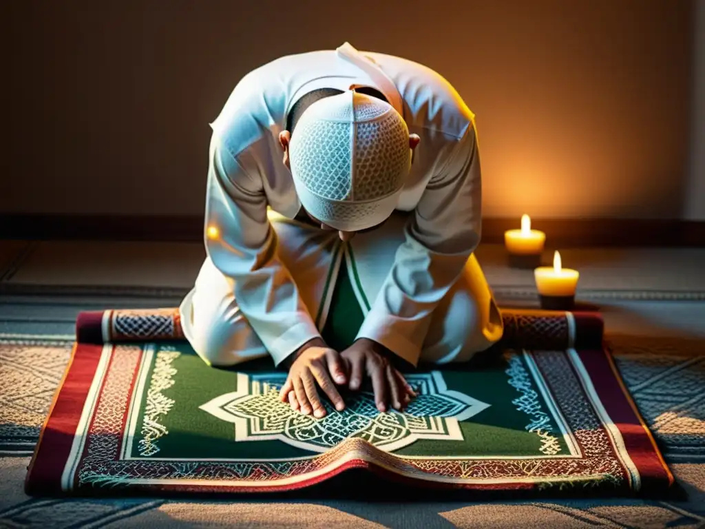 Un momento de devoción en la práctica ritual del Islam, con una persona musulmana realizando Salat